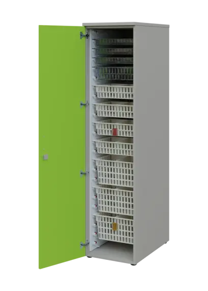 EUROMEDICA D - 46 skříň léková boxová, 1-dveřová, levá, 1950x460x735, korpus šedý, dvířka jarní zeleň